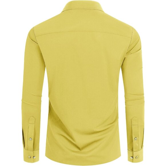 Men's Yellow Long Sleeve Slim Muscle Fit Wrinkle Free Button Down Dress Shirts - Picture 8 of 8